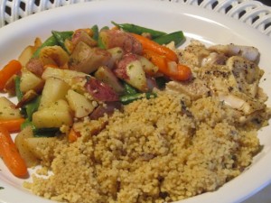 Budding Vegetarian: Couscous, Tilapia & Sauteed Veggies w/ Garlic Butter Sauce
